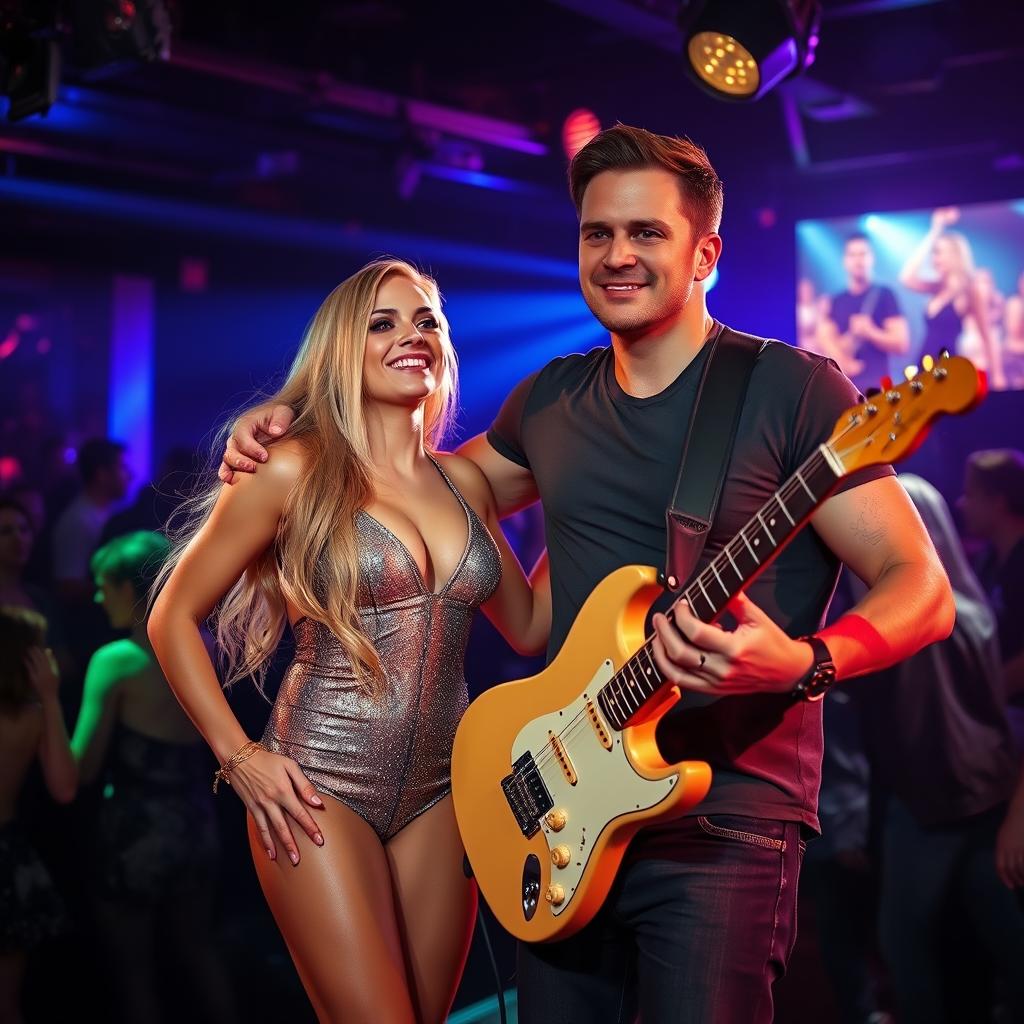 A lively nightclub stage featuring Dayna Wynter, a 39-year-old attractive white woman, with her arm around a handsome and athletic middle-aged guitarist