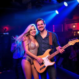 A lively nightclub stage featuring Dayna Wynter, a 39-year-old attractive white woman, with her arm around a handsome and athletic middle-aged guitarist