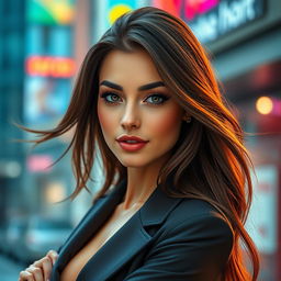 A highly detailed, stylish portrait of Maria from FAP CEO, showcasing her confident personality and elegant appearance