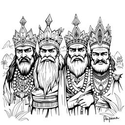 A monochromatic black and white illustration sketch depicting the four kings of Papua