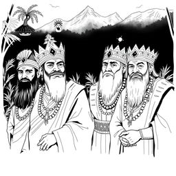 A monochromatic black and white illustration sketch depicting the four kings of Papua