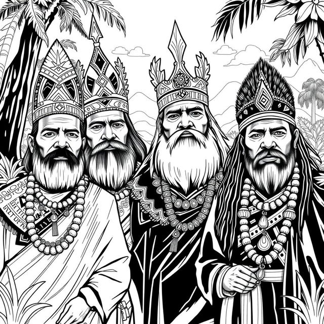 A monochromatic black and white illustration sketch depicting the four kings of Papua