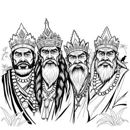 A monochromatic black and white illustration sketch depicting the four kings of Papua