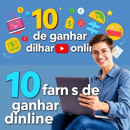A vibrant YouTube thumbnail featuring the title '10 formas de ganhar dinheiro online', illustrated with attractive icons representing various online money-making methods such as online trading, freelancing, e-commerce, and digital marketing