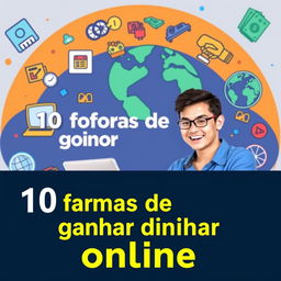 A vibrant YouTube thumbnail featuring the title '10 formas de ganhar dinheiro online', illustrated with attractive icons representing various online money-making methods such as online trading, freelancing, e-commerce, and digital marketing