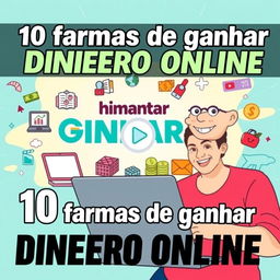 A vibrant YouTube thumbnail featuring the title '10 formas de ganhar dinheiro online', illustrated with attractive icons representing various online money-making methods such as online trading, freelancing, e-commerce, and digital marketing
