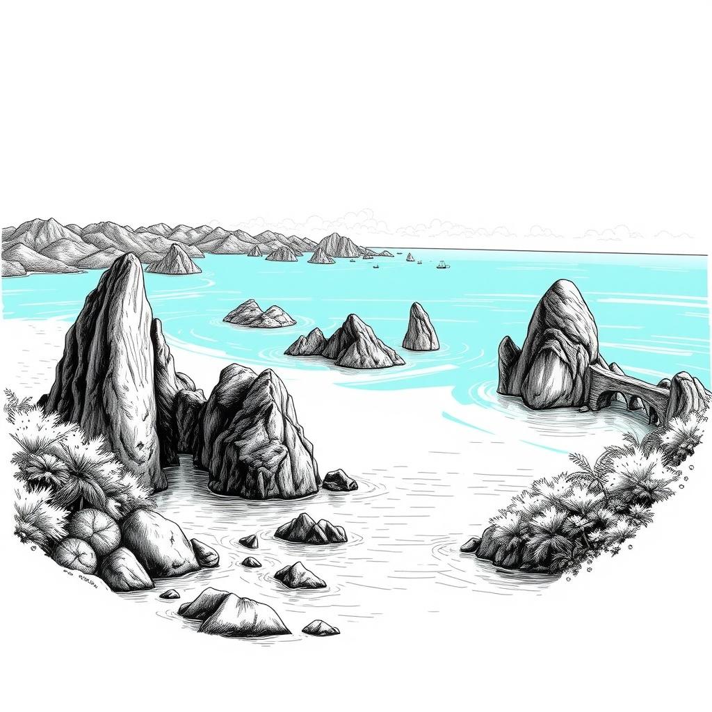 A detailed black and white sketch illustration of the stunning Raja Ampat islands in Indonesia, showcasing the unique karst limestone formations rising from the turquoise sea, surrounded by lush greenery