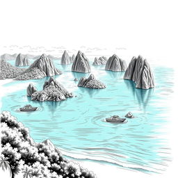 A detailed black and white sketch illustration of the stunning Raja Ampat islands in Indonesia, showcasing the unique karst limestone formations rising from the turquoise sea, surrounded by lush greenery