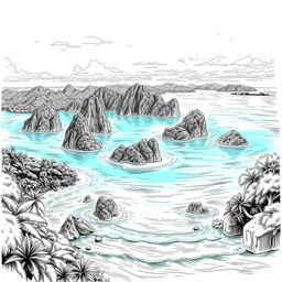 A detailed black and white sketch illustration of the stunning Raja Ampat islands in Indonesia, showcasing the unique karst limestone formations rising from the turquoise sea, surrounded by lush greenery