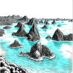 A detailed black and white sketch illustration of the stunning Raja Ampat islands in Indonesia, showcasing the unique karst limestone formations rising from the turquoise sea, surrounded by lush greenery