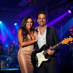 An elegant nightclub scene featuring Dayna Wynter, a 39-year-old attractive white woman, gracefully adorned in a beautiful, stylish outfit that combines sophistication and flair
