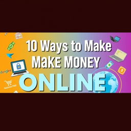 A vibrant YouTube thumbnail featuring the title '10 Ways to Make Money Online', illustrated with attractive icons representing various online money-making methods such as online trading, freelancing, e-commerce, and digital marketing