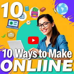 A vibrant YouTube thumbnail featuring the title '10 Ways to Make Money Online', illustrated with attractive icons representing various online money-making methods such as online trading, freelancing, e-commerce, and digital marketing