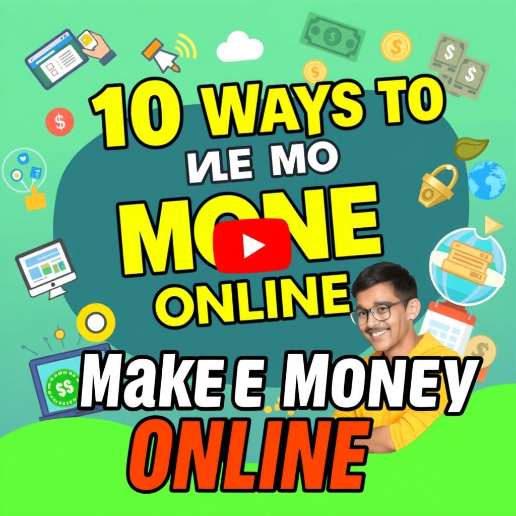 A vibrant YouTube thumbnail featuring the title '10 Ways to Make Money Online', illustrated with attractive icons representing various online money-making methods such as online trading, freelancing, e-commerce, and digital marketing