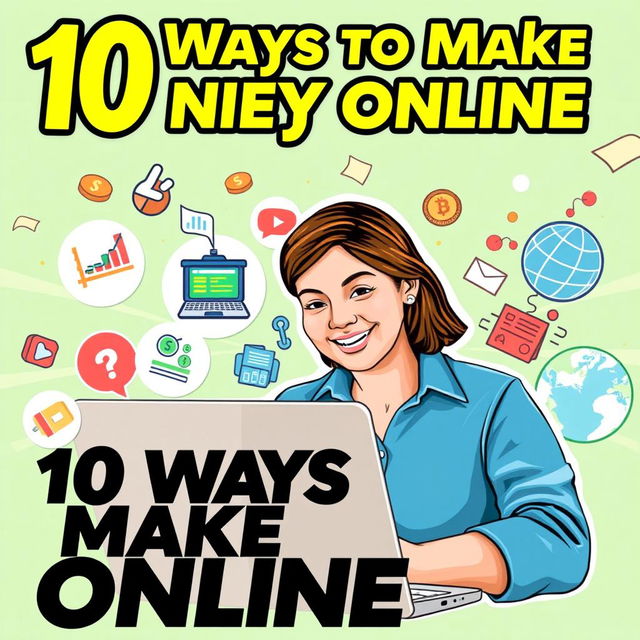 A vibrant YouTube thumbnail featuring the title '10 Ways to Make Money Online', illustrated with attractive icons representing various online money-making methods such as online trading, freelancing, e-commerce, and digital marketing