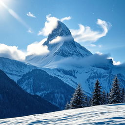 A stunning image of a majestic mountain landscape featuring a towering peak covered in snow, with snowflakes gently falling all around