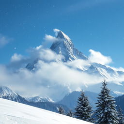 A stunning image of a majestic mountain landscape featuring a towering peak covered in snow, with snowflakes gently falling all around