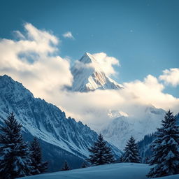A stunning image of a majestic mountain landscape featuring a towering peak covered in snow, with snowflakes gently falling all around