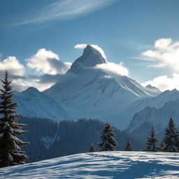 A stunning image of a majestic mountain landscape featuring a towering peak covered in snow, with snowflakes gently falling all around