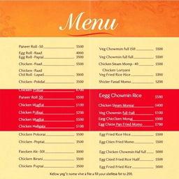 A beautifully designed menu card featuring an array of 25 delicious food items