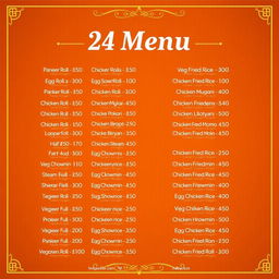 A beautifully designed menu card featuring an array of 25 delicious food items