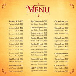 A beautifully designed menu card featuring an array of 25 delicious food items