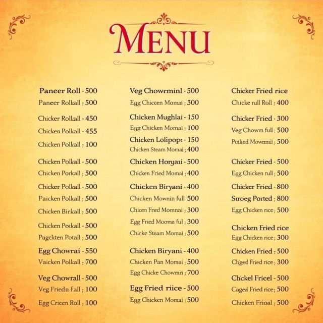 A beautifully designed menu card featuring an array of 25 delicious food items