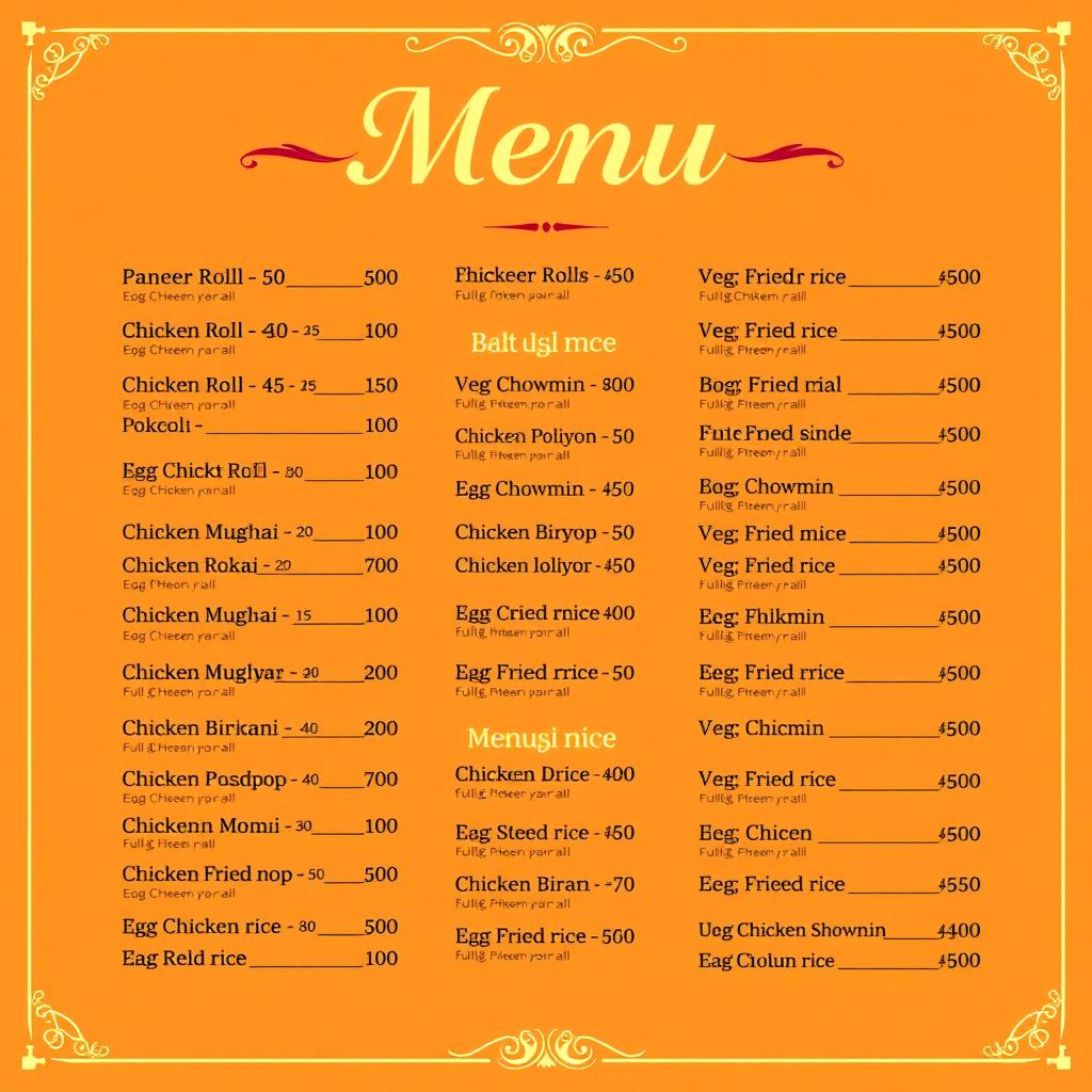 A beautifully designed menu card featuring an array of 25 delicious food items
