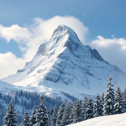 A picturesque scene depicting snowfall on a majestic mountain
