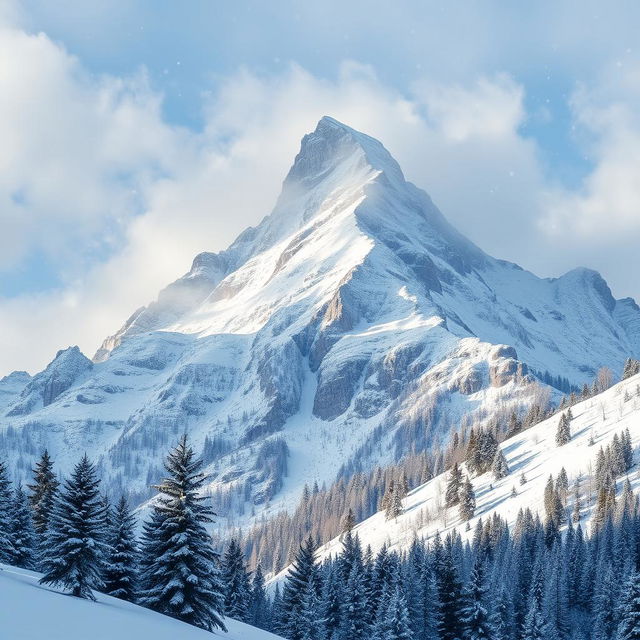 A picturesque scene depicting snowfall on a majestic mountain