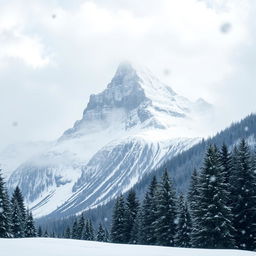 A picturesque scene depicting snowfall on a majestic mountain