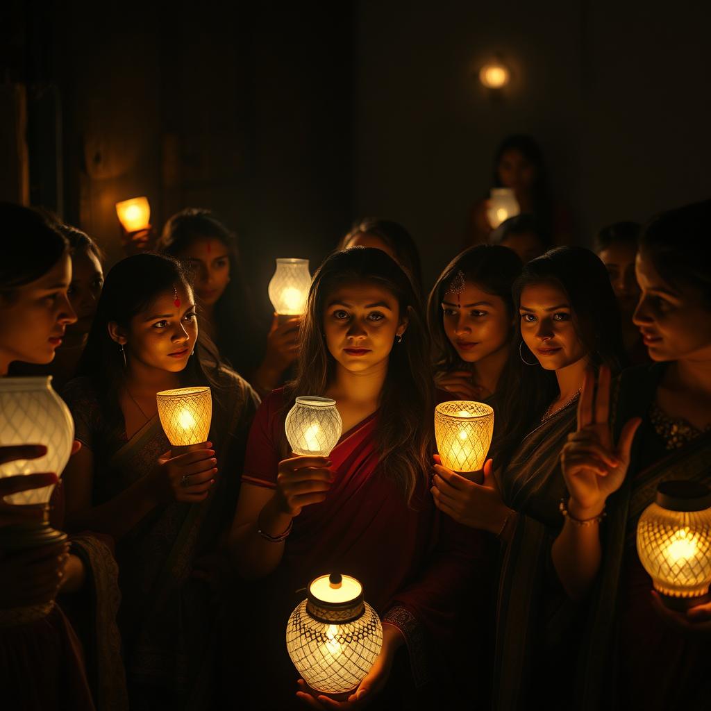 A captivating scene of women in a dimly lit room, some holding brightly lit lamps while others carry unlit lamps