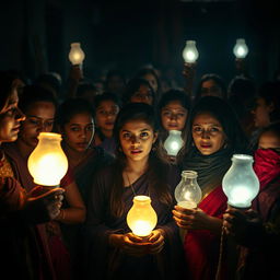 A captivating scene of women in a dimly lit room, some holding brightly lit lamps while others carry unlit lamps