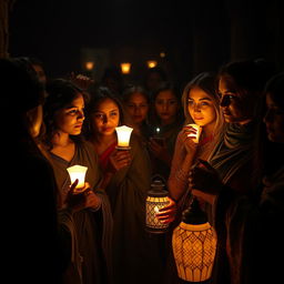 A captivating scene of women in a dimly lit room, some holding brightly lit lamps while others carry unlit lamps