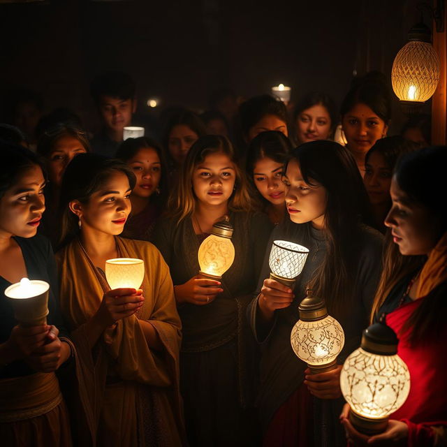 A captivating scene of women in a dimly lit room, some holding brightly lit lamps while others carry unlit lamps