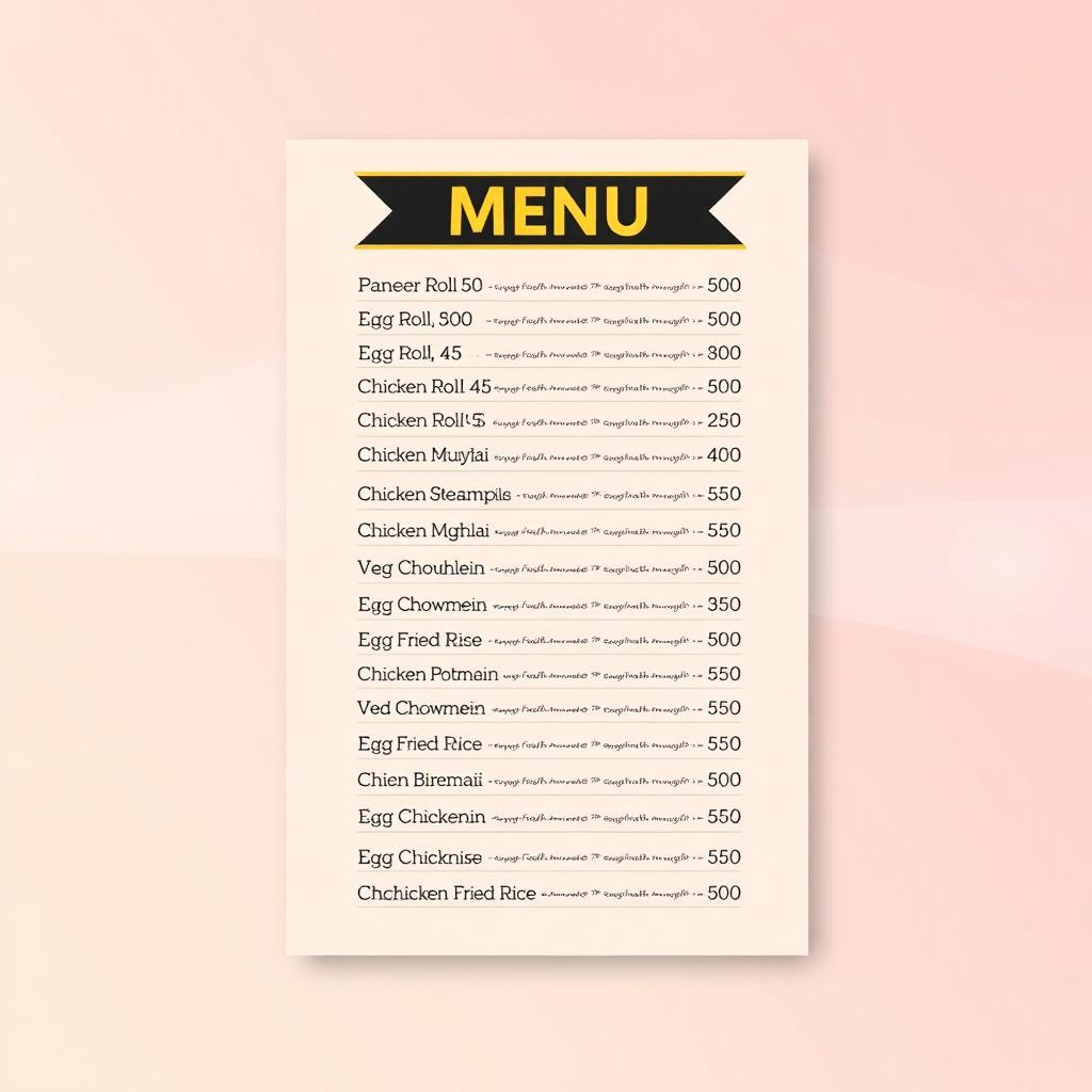 A stylish and modern A4 menu card design featuring an assortment of food items with prices neatly listed