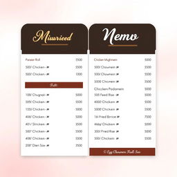 A stylish and modern A4 menu card design featuring an assortment of food items with prices neatly listed
