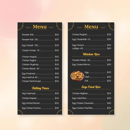 A stylish and modern A4 menu card design featuring an assortment of food items with prices neatly listed