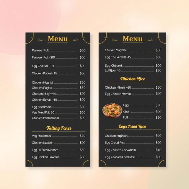 A stylish and modern A4 menu card design featuring an assortment of food items with prices neatly listed