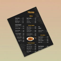 A stylish and modern A4 menu card design featuring an assortment of food items with prices neatly listed