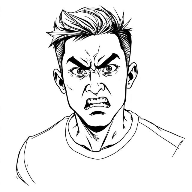 A black and white sketch illustration of a young Malay man with an angry expression