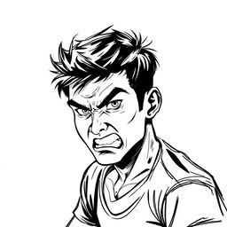 A black and white sketch illustration of a young Malay man with an angry expression