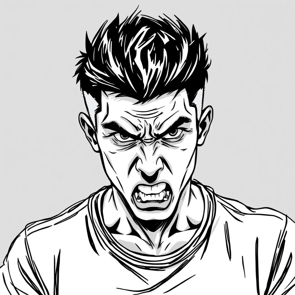 A black and white sketch illustration of a young Malay man with an angry expression