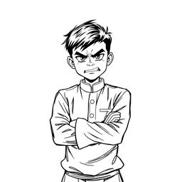 A black and white sketch illustration of a young man wearing traditional Malay attire, displaying a strong expression of anger