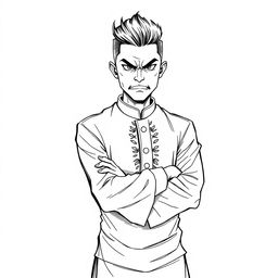 A black and white sketch illustration of a young man wearing traditional Malay attire, displaying a strong expression of anger
