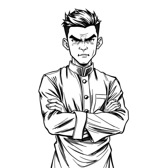 A black and white sketch illustration of a young man wearing traditional Malay attire, displaying a strong expression of anger