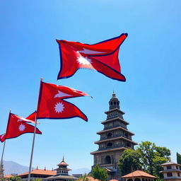 A vibrant background photo featuring multiple Nepal flags waving in the wind with a scenic view of Dharahara, a historical tower in Kathmandu, Nepal