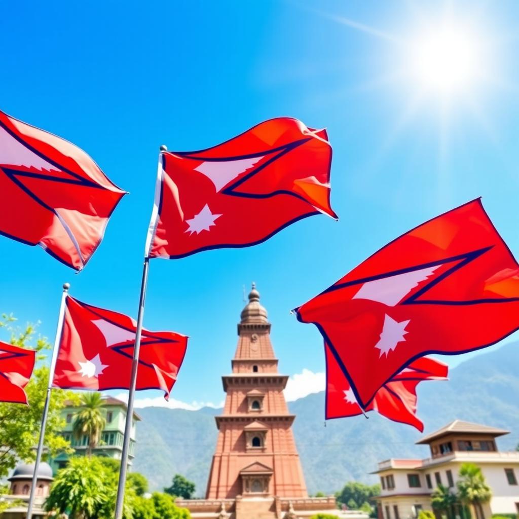 A vibrant background photo featuring multiple Nepal flags waving in the wind with a scenic view of Dharahara, a historical tower in Kathmandu, Nepal