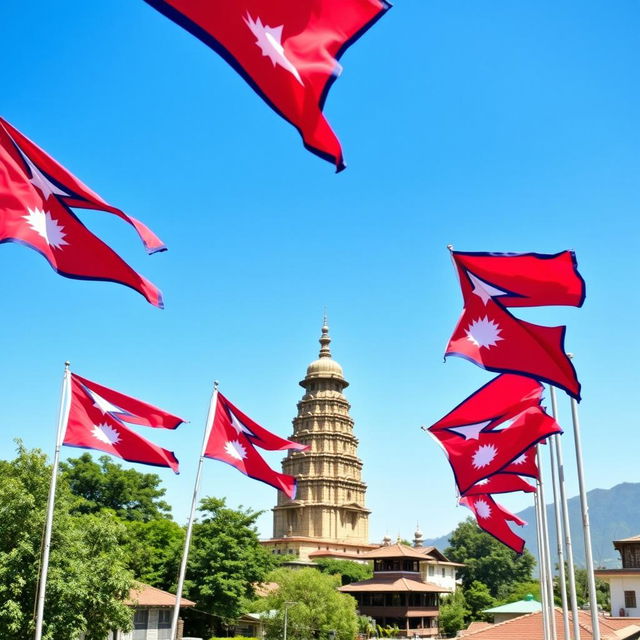 A vibrant background photo featuring multiple Nepal flags waving in the wind with a scenic view of Dharahara, a historical tower in Kathmandu, Nepal