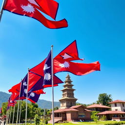 A vibrant background photo featuring multiple Nepal flags waving in the wind with a scenic view of Dharahara, a historical tower in Kathmandu, Nepal
